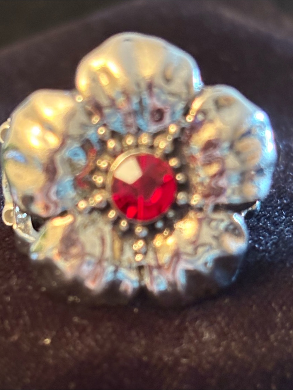 Silver Flower Ring with Red Crystal Center